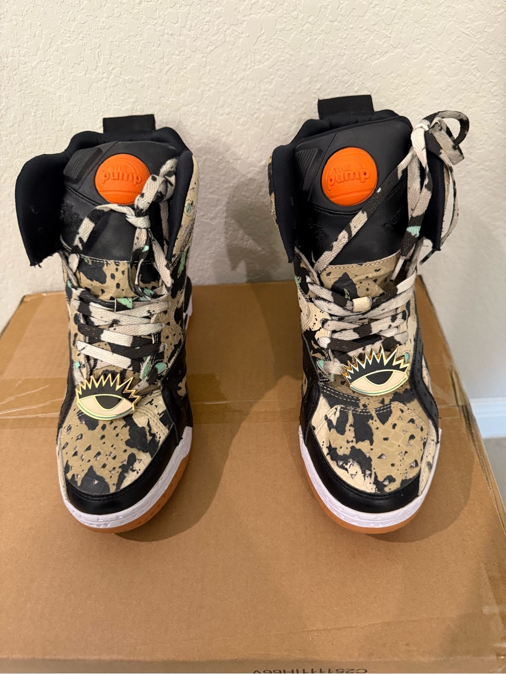 Melody Eshani/Reebok High-Top Sneakers in Black, Tan & Orange with Eye Motif